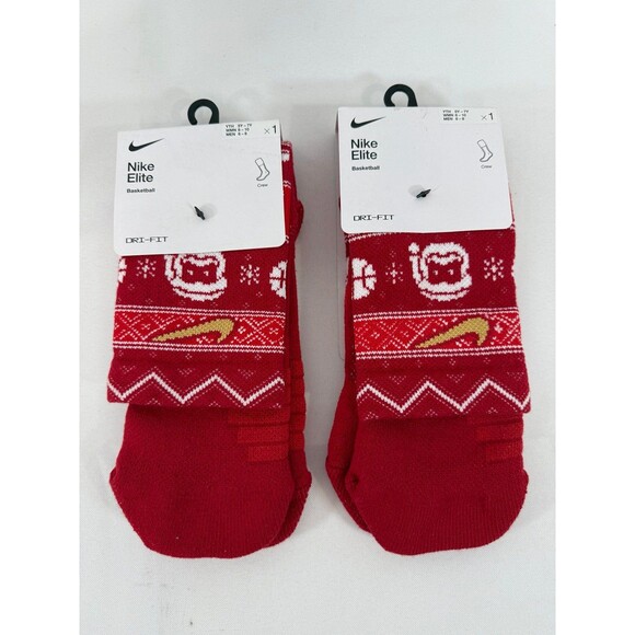 Nike Elite Crew Basketball Socks RED 2 Pairs NEW Youth 5-7 Santa Christmas - Picture 1 of 3